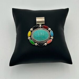 Vintage Multicolor Sterling Silver Pendant with Turquoise Center